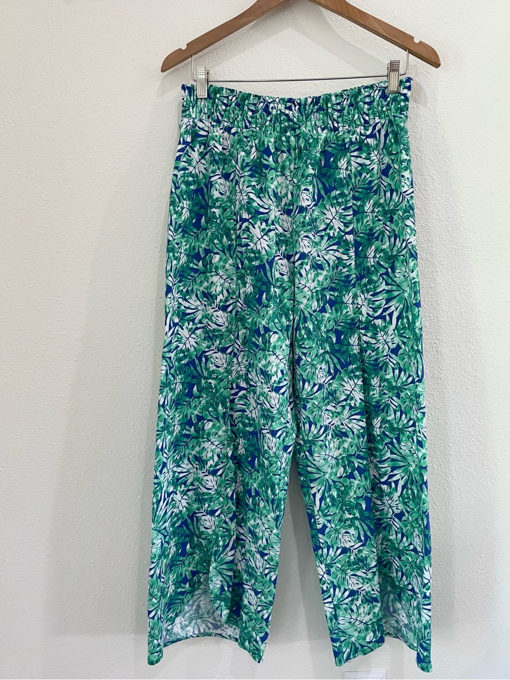 Land n Sea Linen Tropical Print Wide-Leg Pants Cropped Stretch